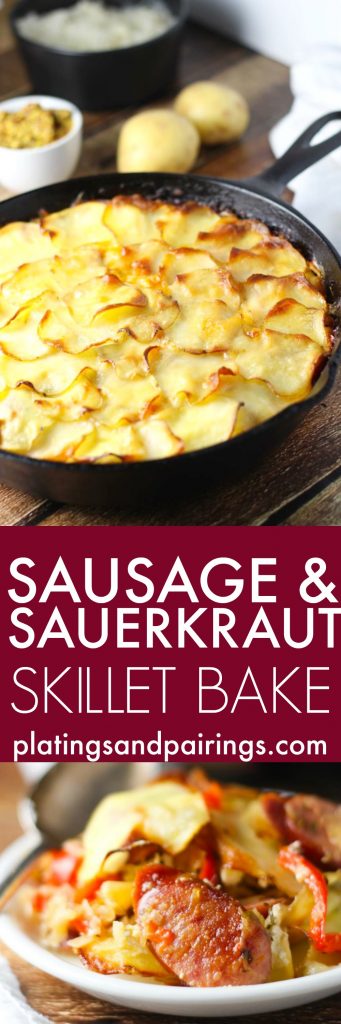 This Sausage and Sauerkraut Skillet Bake, inspired by Oktoberfest, combines two favorites of polska kielbasa sausage and sauerkraut. It's topped with emmentaler cheese and thin potato slices and baked until bubbly. | platingsandpairings.com