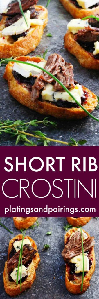 These Short Rib Crostini with Cambozola Cheese and Cherry Jam make a perfect appetizer that's as suitable for elegant entertaining as it is for football tailgating | platingsandpairings.com