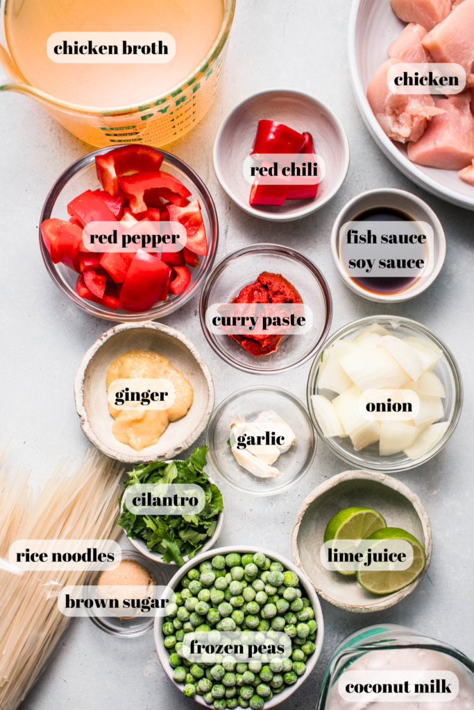 Ingredients for thai noodle soup labeled on counter.