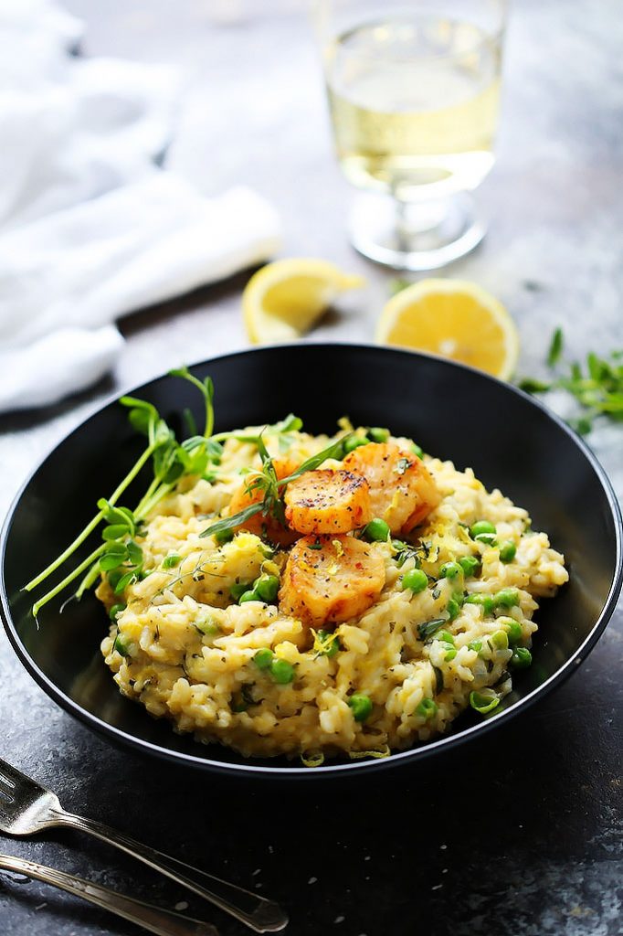 Seared Scallops with Sweet Pea, Lemon & Tarragon Risotto Platings