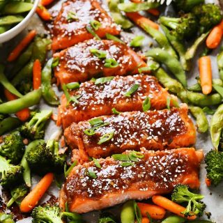 One Pan Miso Glazed Salmon and Vegetables is an easy meal perfect for busy weeknights. Best of all, it’s baked on ONE sheet pan with flaky salmon, crispy veggies, edamame and a flavorful miso glaze.