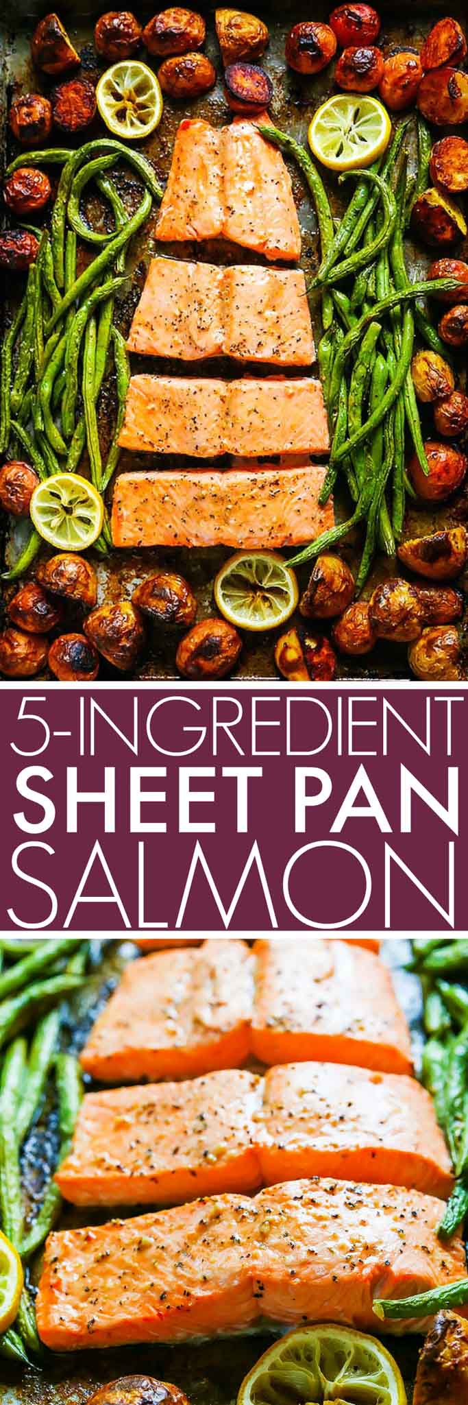 This 5 Ingredient Sheet Pan Salmon is the perfect dinner for busy weeknights! This complete seafood dinner cooks in just 30 minutes and the cleanup is easy too!