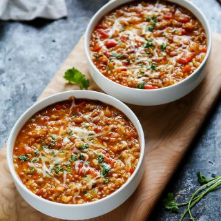 This Instant Pot recipe for Cheesy Southwestern Lentils & Brown Rice is the perfect quick vegetarian weeknight dinner recipe that's perfect for Meatless Monday! Hearty lentils and brown rice combine with southwestern spices, tomatoes, peppers & plenty of melty cheese! | platingsandpairings.com