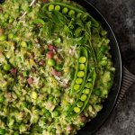 Pea Risotto with Mascarpone, Mint and Prosciutto is rich, creamy and totally decadent. | platingsandpairings.com