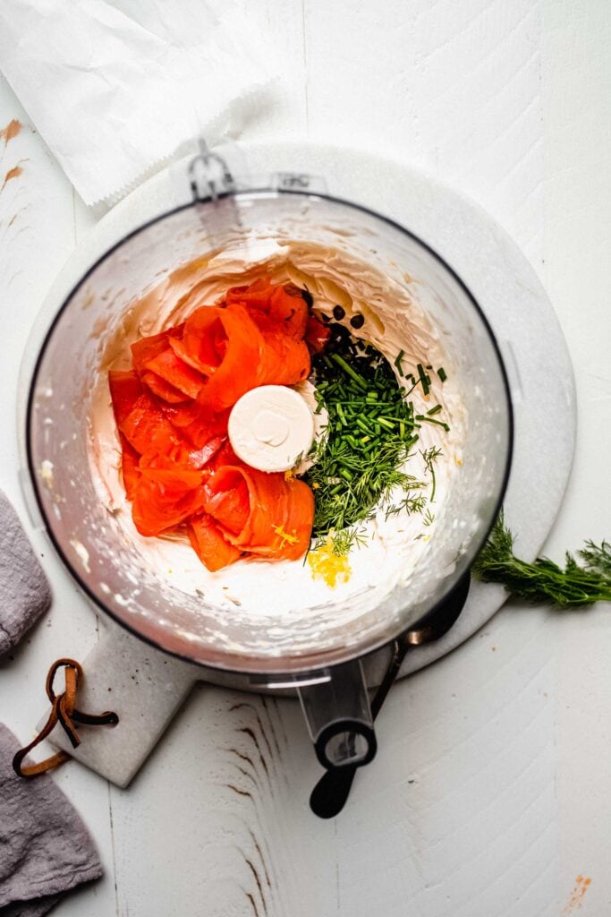 Ingredients for smoked salmon dip in food processor. 