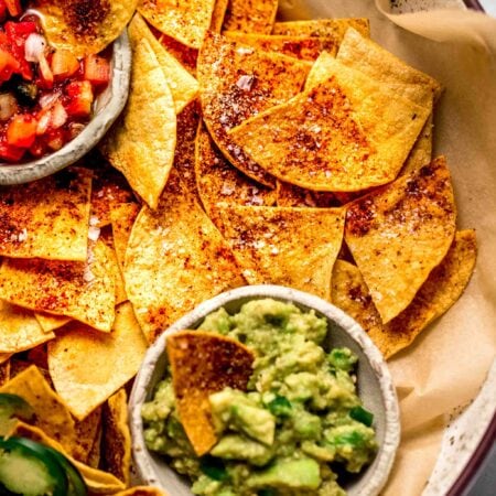 Close up of baked chips in basket.