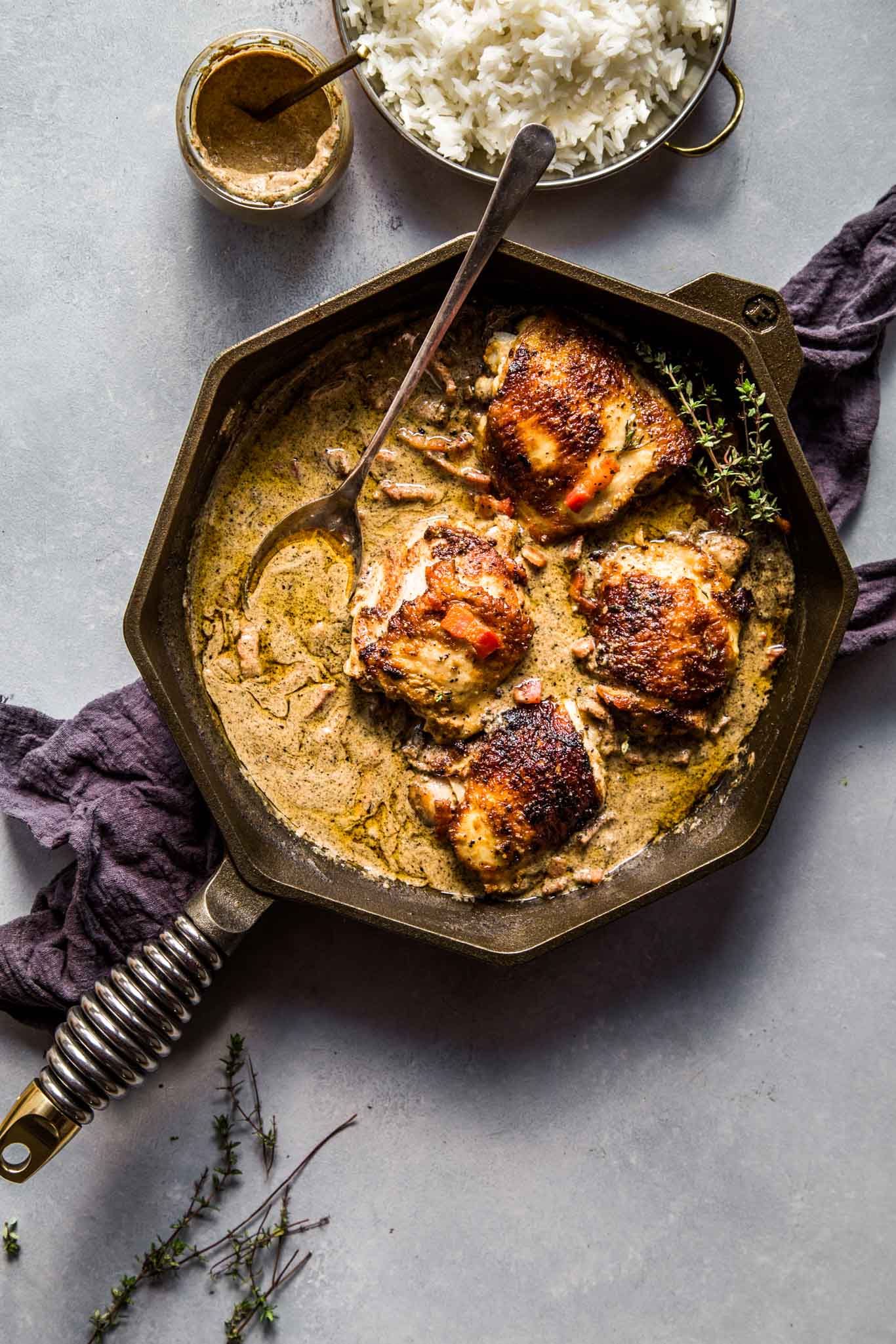 One-skillet chicken with mustard wine sauce ready to be served. 