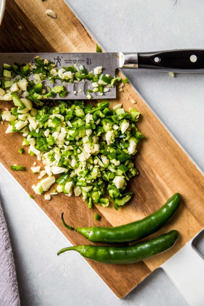 Chopped chiles and garlic for kee mao