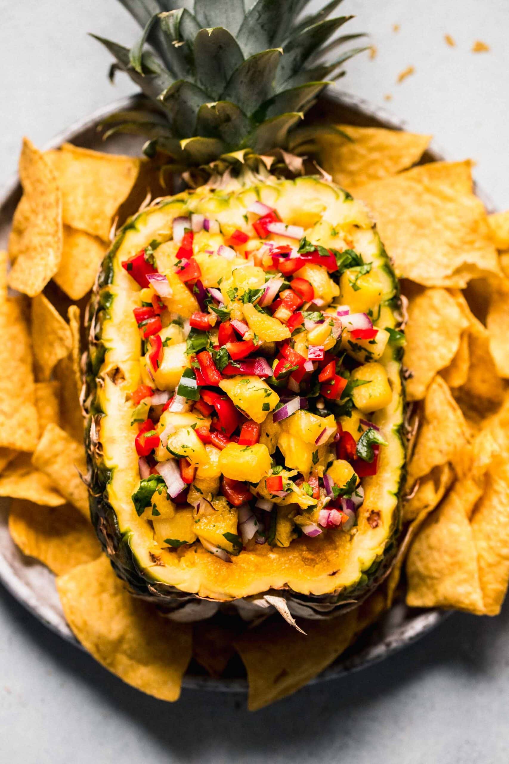Pineapple salsa in pineapple boat.