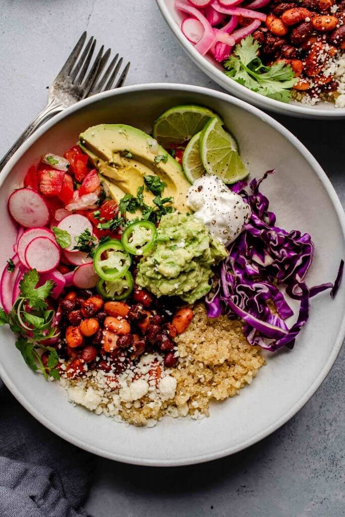 Overhead shot of quinoa taco bowl.