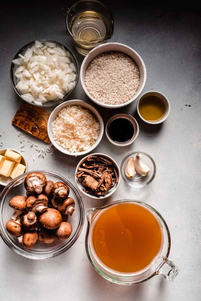 Ingredients for mushroom risotto on counter.