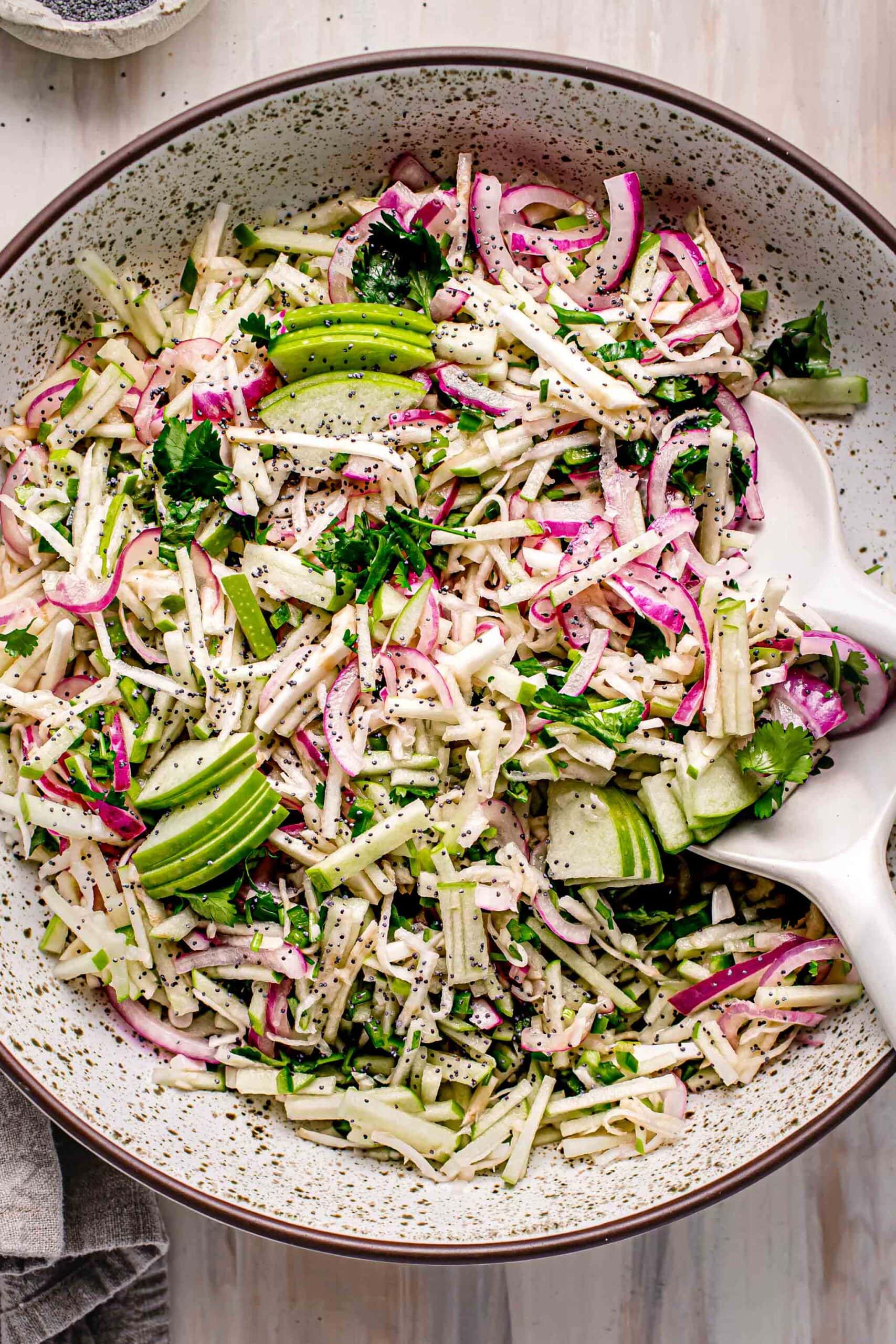 Overhead close up of celery slaw.