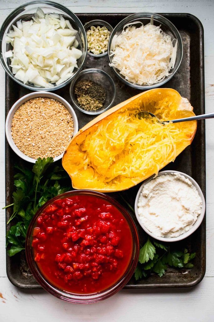 Ingredients for spaghetti squash casserole on counter.