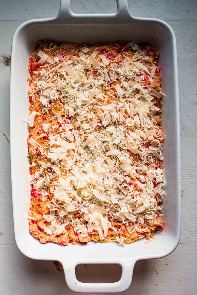 Unbaked casserole in baking dish.