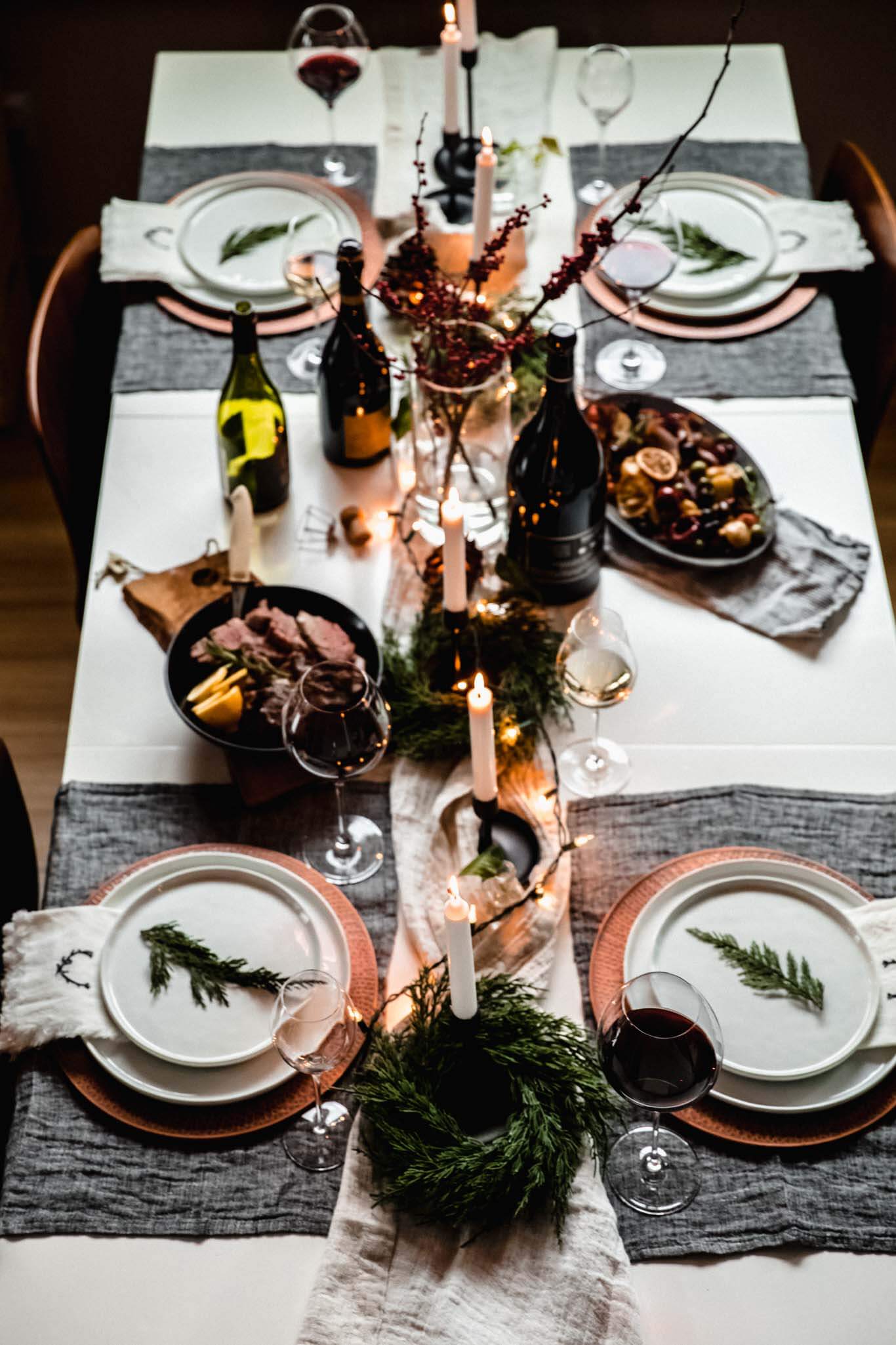 Dinner table set for the holidays.