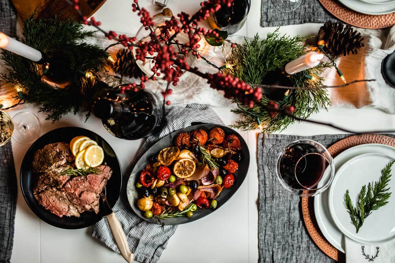 Overhead shot of holiday dinner table.