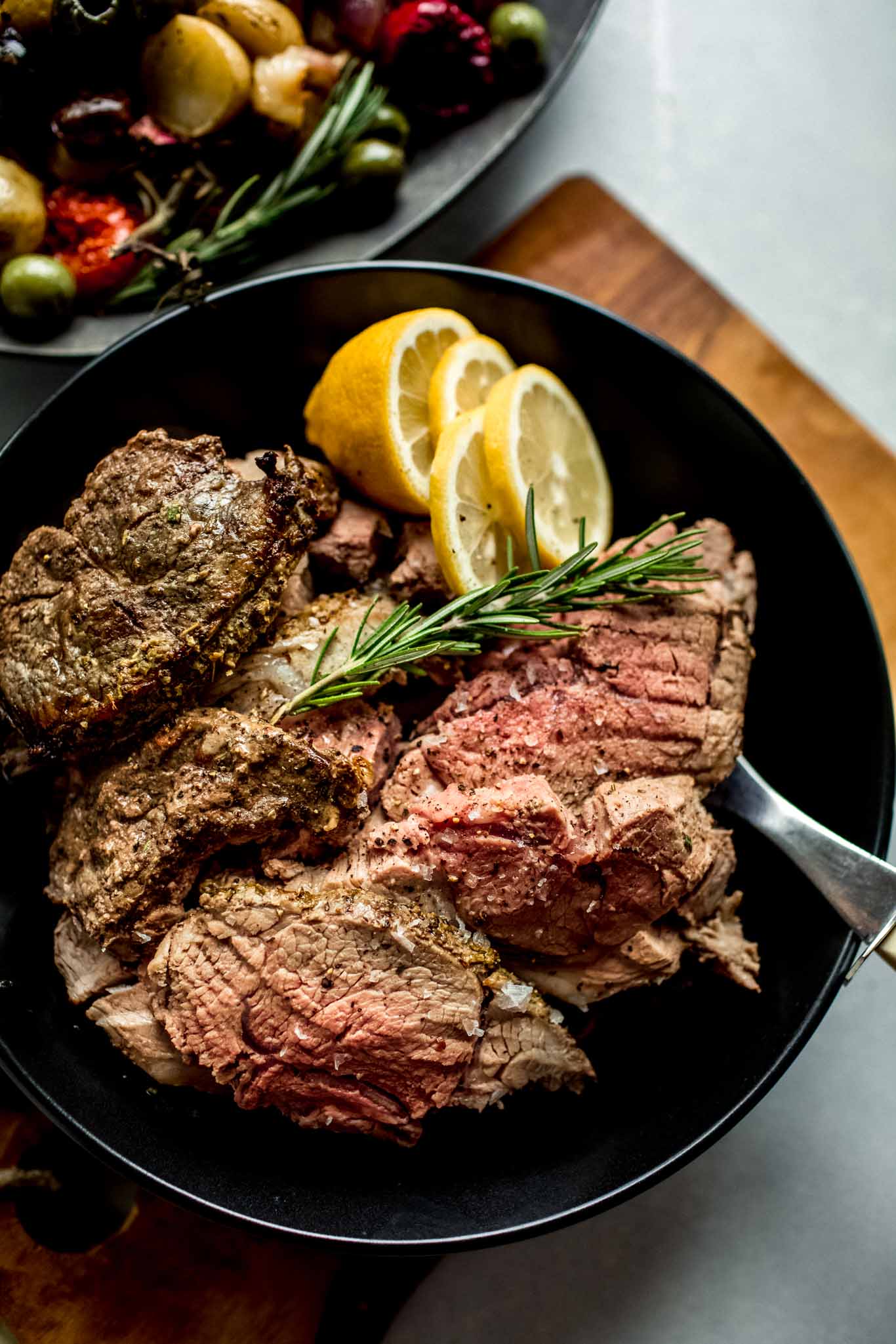 Overhead shot of cooked lamb.