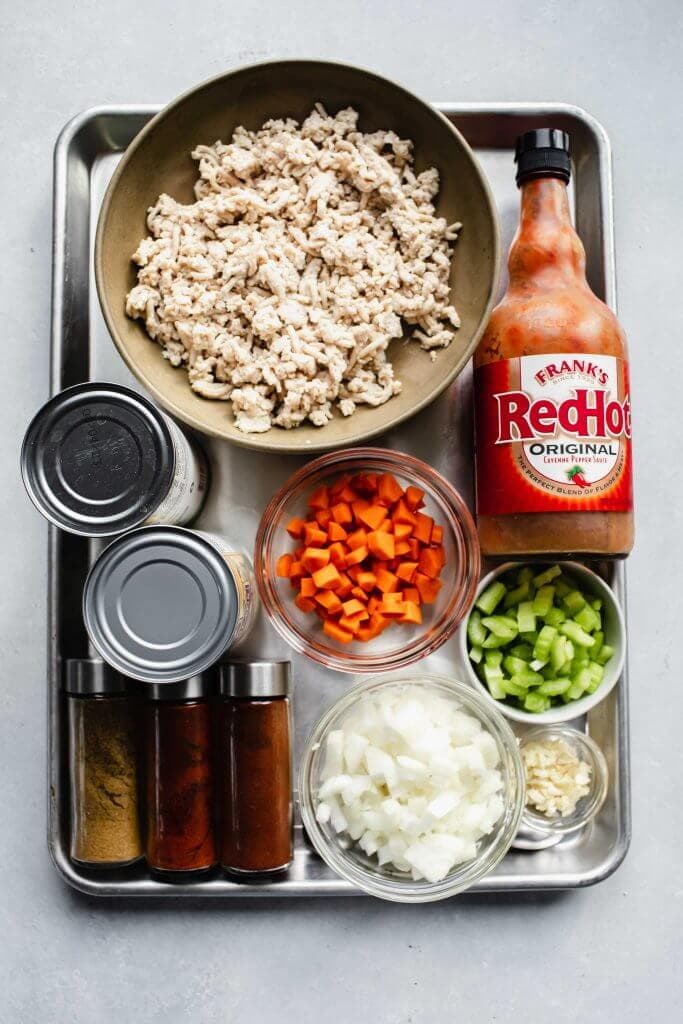 Ingredients for buffalo chili on serving tray.
