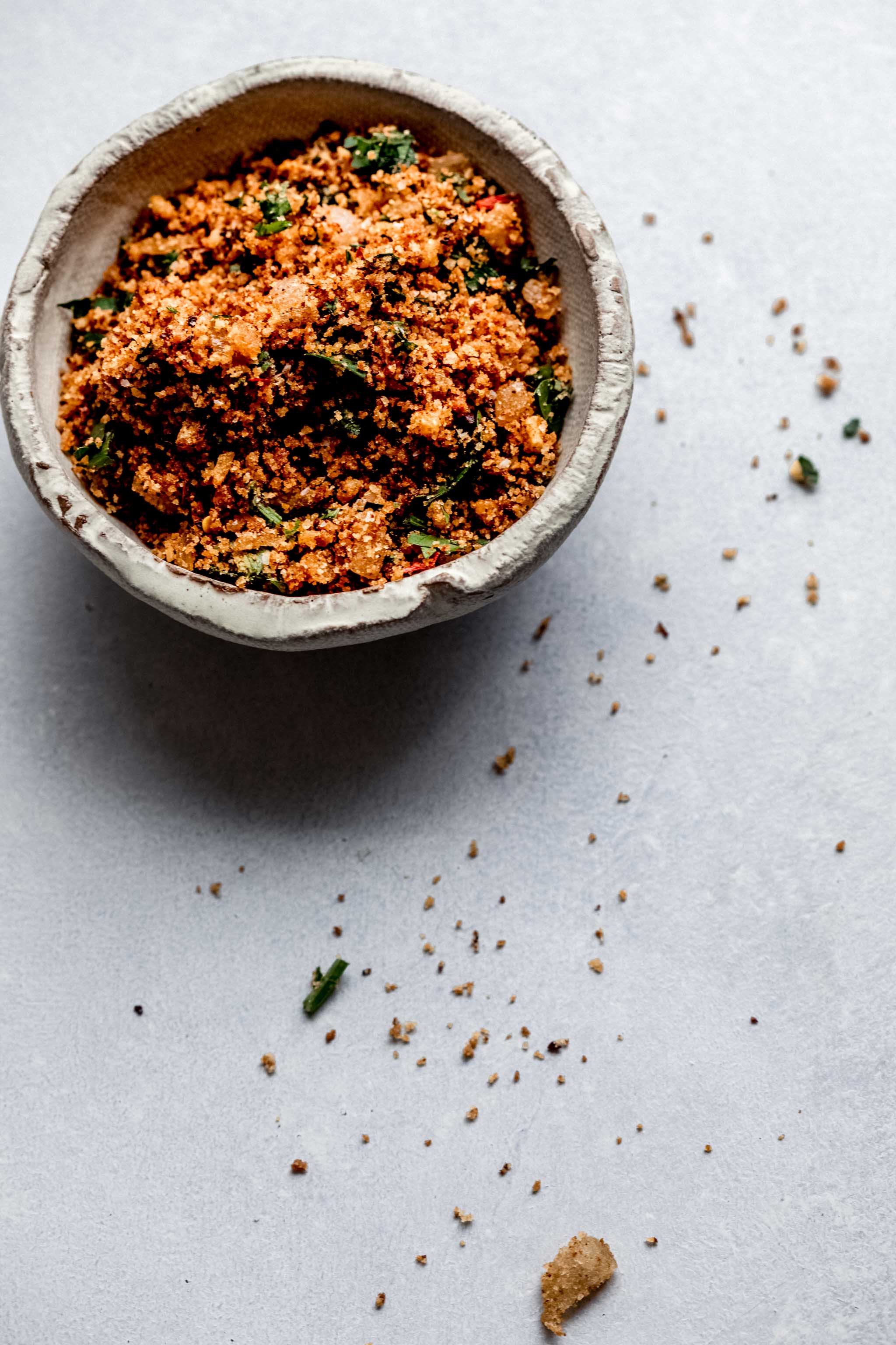 Bowl of toasted breadcrumbs.