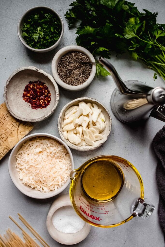 Ingredients for aglio olio on counter.