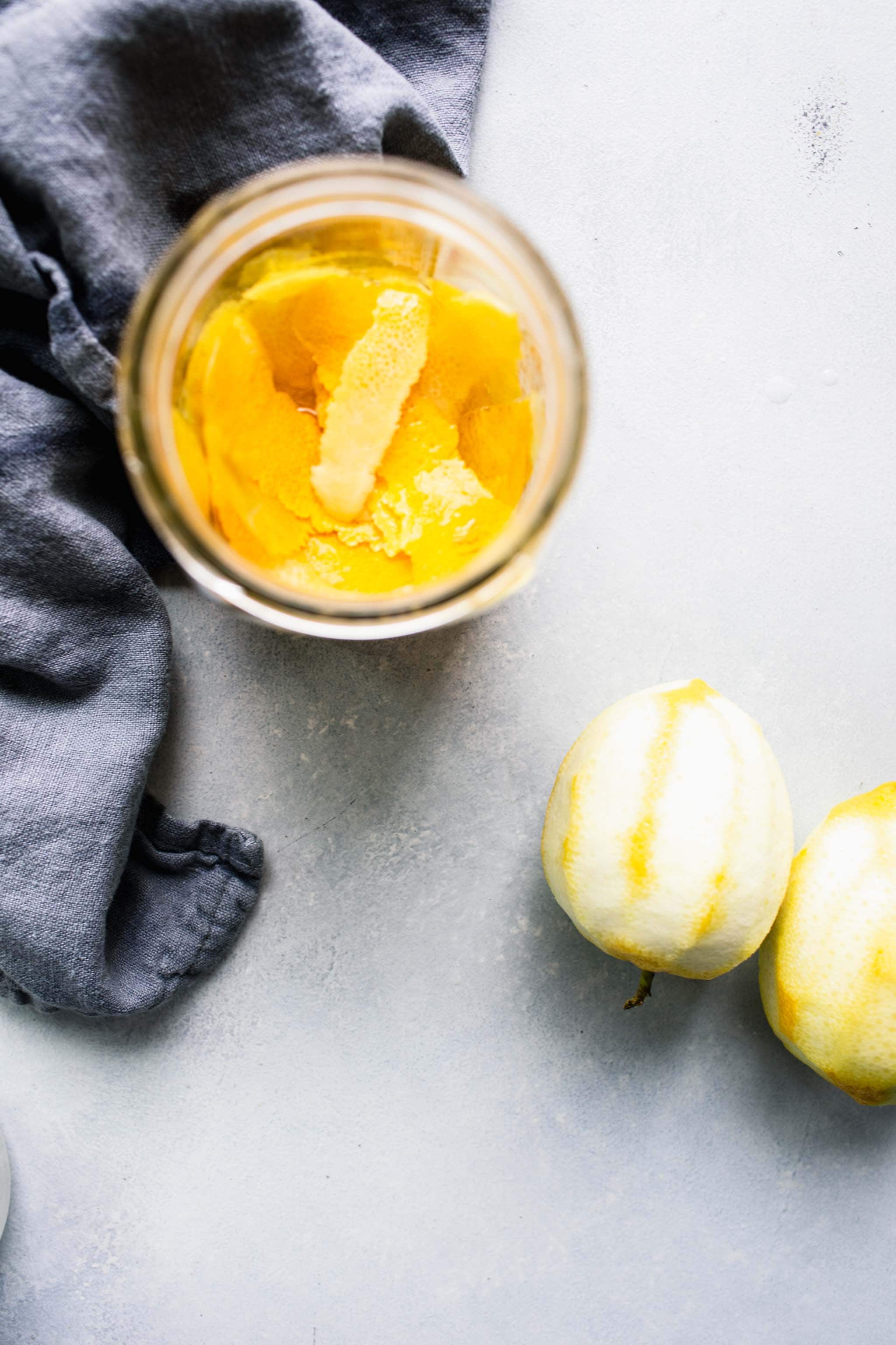 Lemon peels in mason jar.