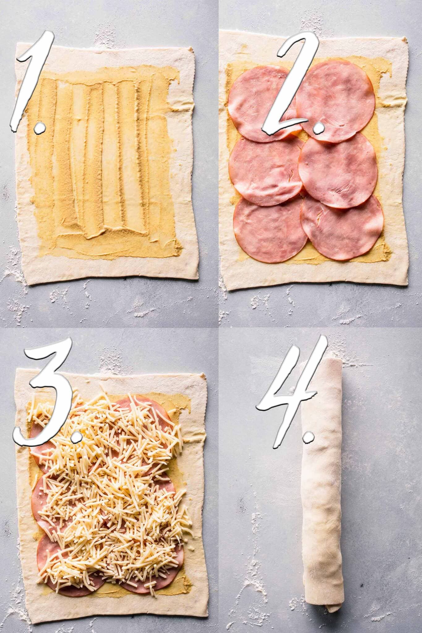 Steps diagram for making ham & cheese pinwheels.