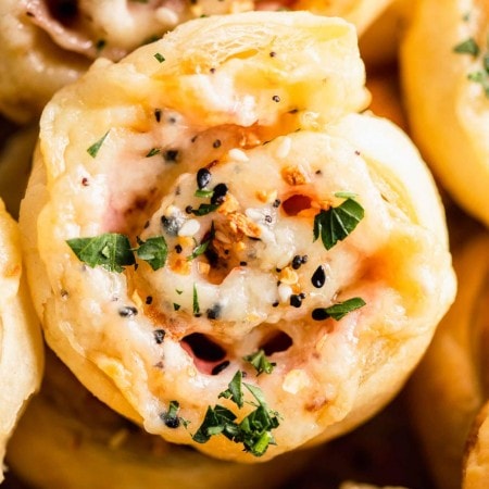 Overhead close up of ham & cheese pinwheel.