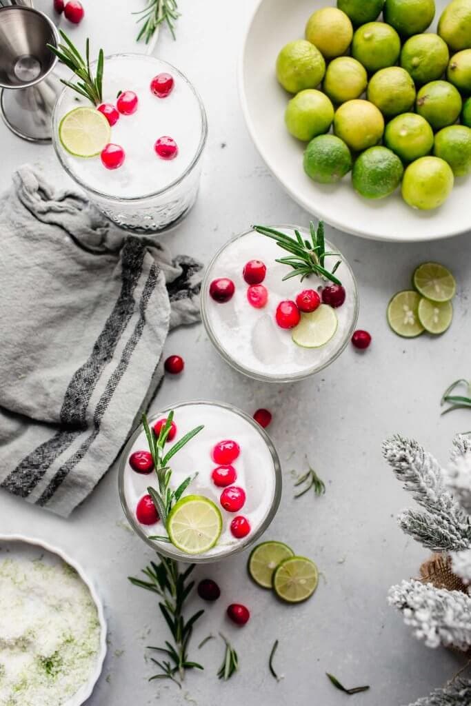 Overhead shot of three white christmas margaritas.