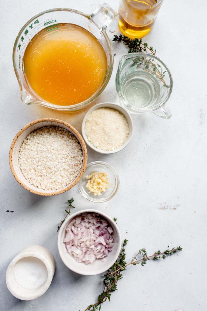Ingredients for instant pot risotto on counter.