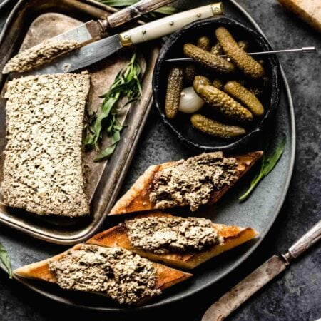 Mushroom pate on grey plate.