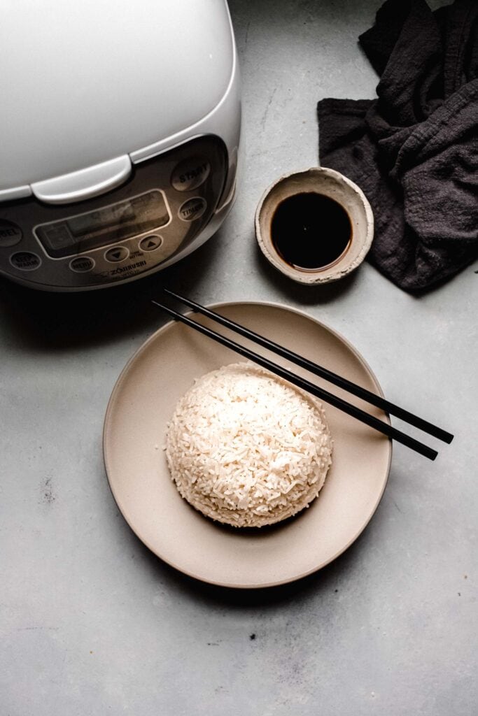 Overhead shot of bowl of rice and rice cooker machine.