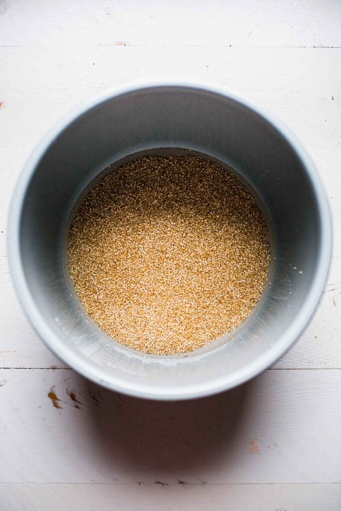 Uncooked quinoa in instant pot liner. 