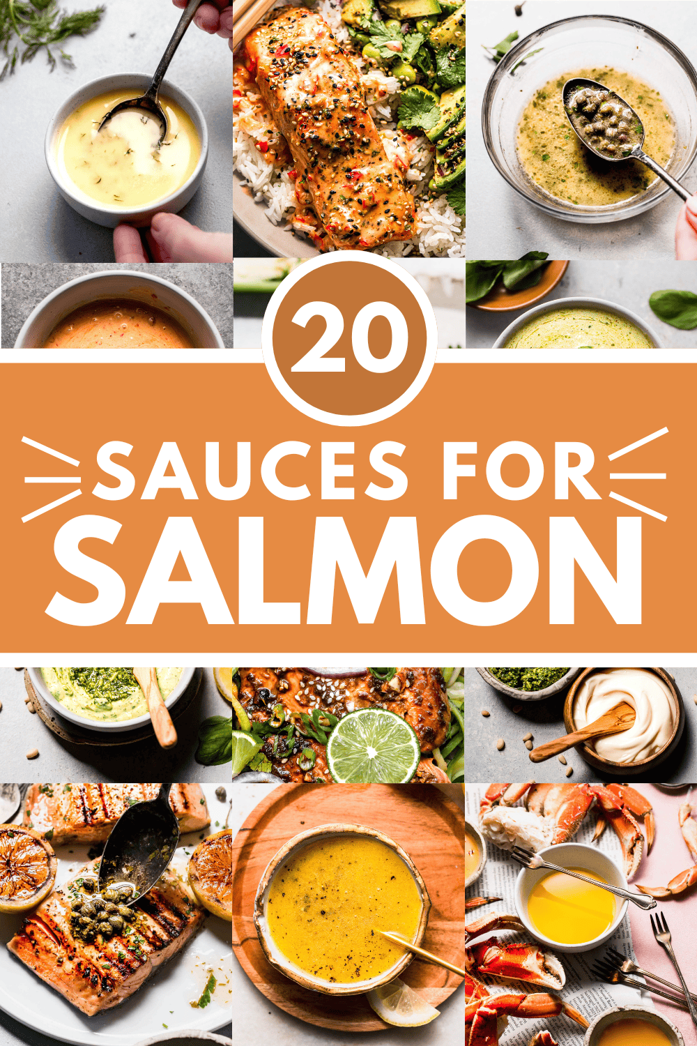 Collage of sauces to serve with salmon with text overlay.