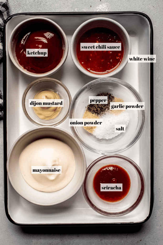 Boom boom sauce ingredients labeled on tray.