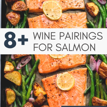 Cooked Filet of salmon on baking sheet with text overlay.