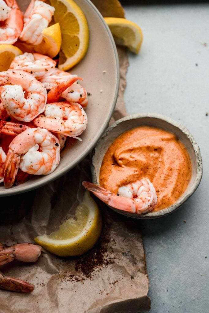 Shrimp dunked into remoulade.
