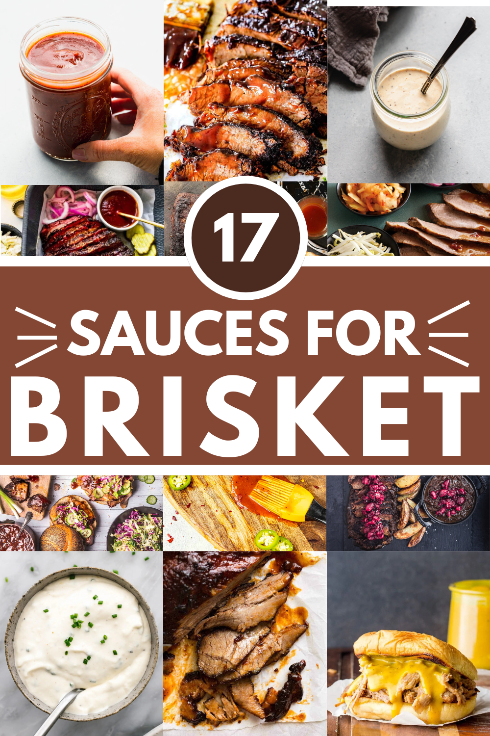 Collage of sauces for brisket with text overlay.