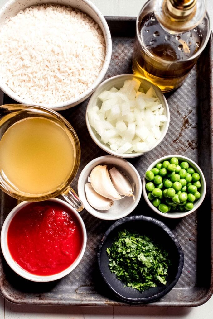 Ingredients for mexican rice on counter.