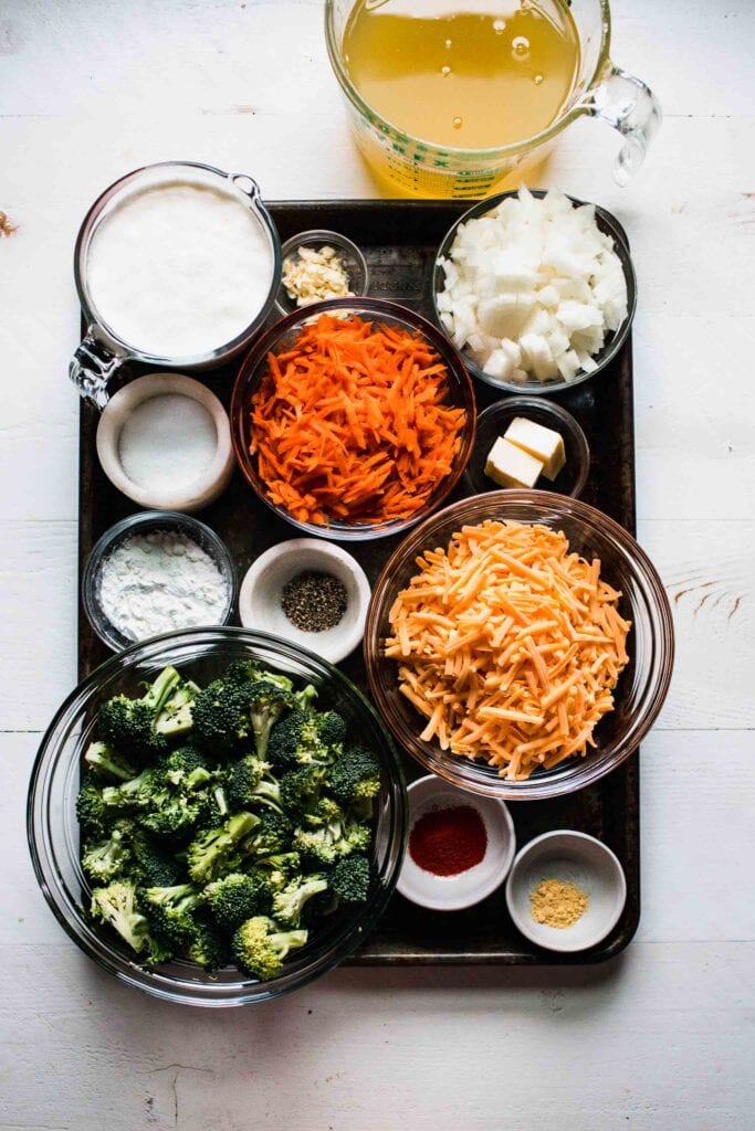 Ingredients for broccoli cheddar soup on counter.