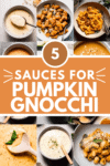Collage of sauces for pumpkin gnocchi with text overlay.