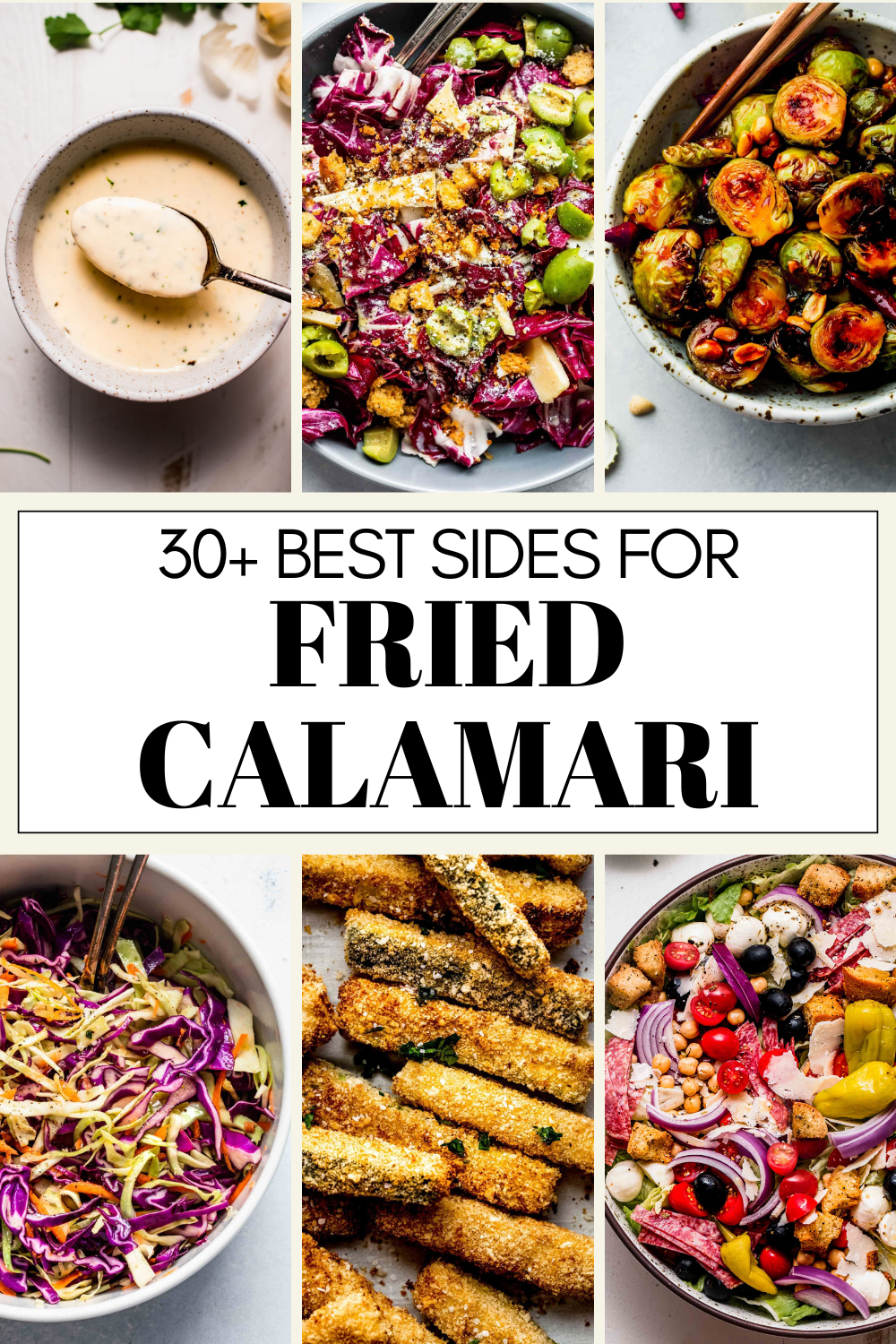 COLLAGE OF SIDES FOR FRIED CALAMARI WITH TEXT OVERLAY.