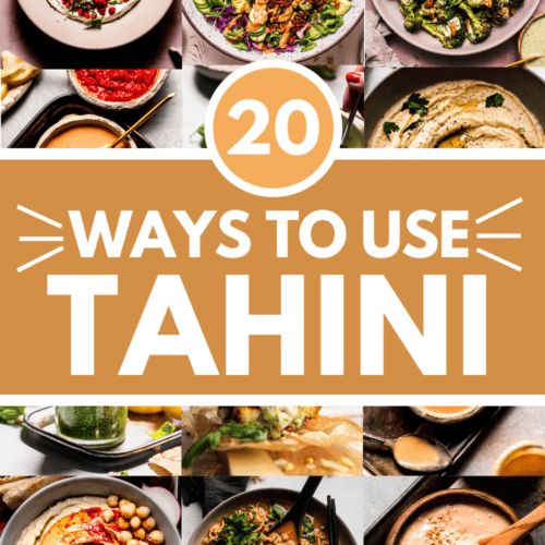 Collage of recipes that use tahini with text overlay.