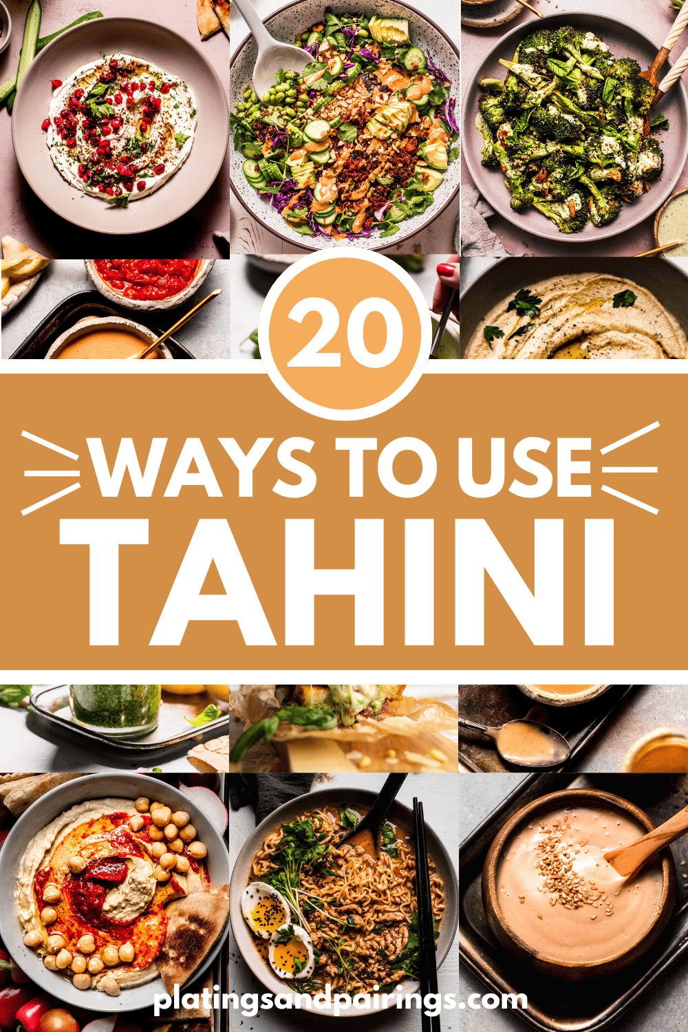 Collage of recipes that use tahini with text overlay.