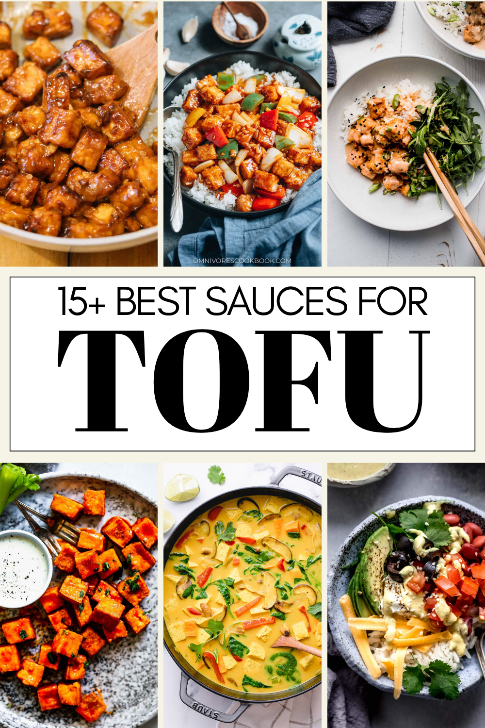 Collage of sauces for tofu with text overlay.