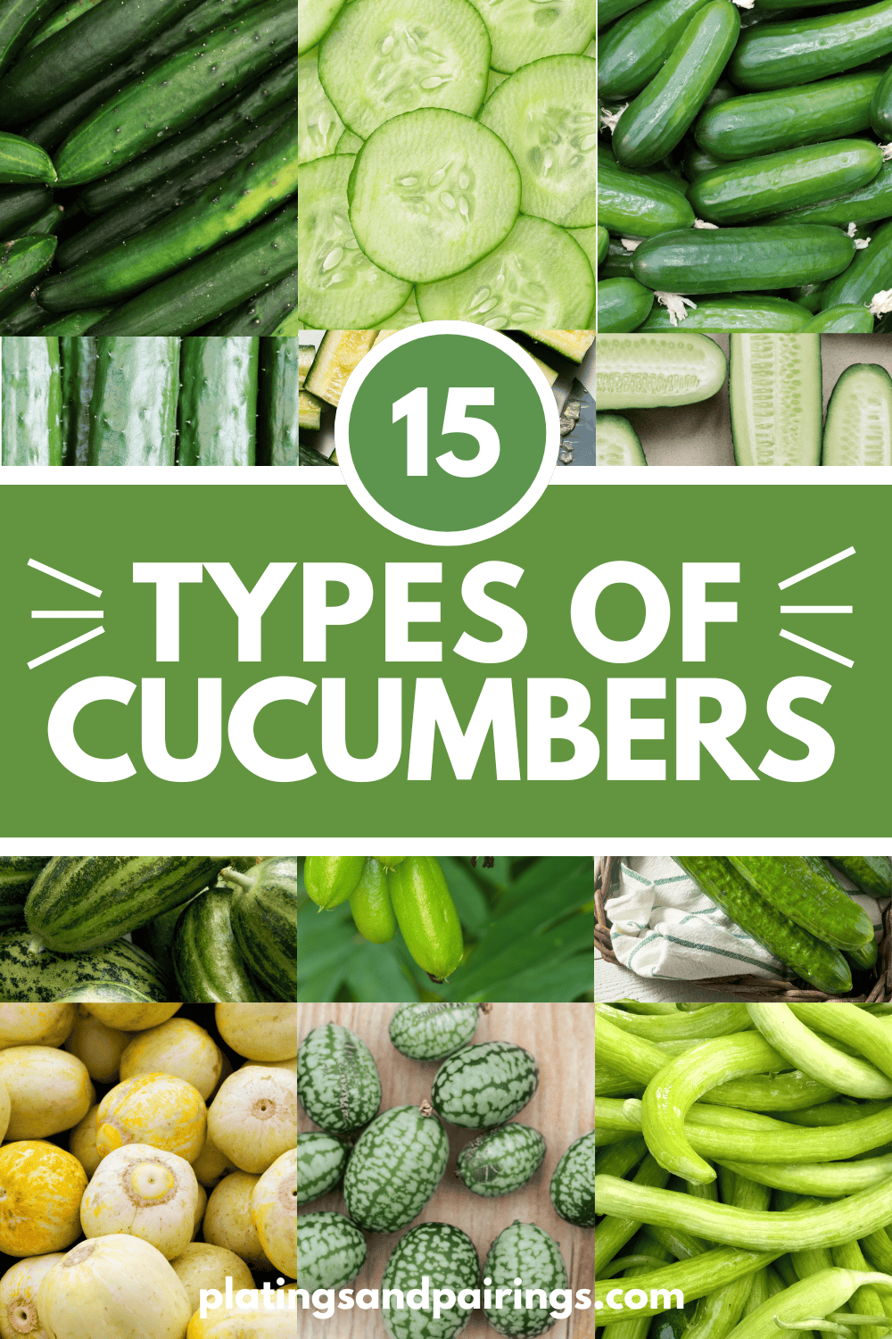 Collage of types of cucumbers with text overlay.