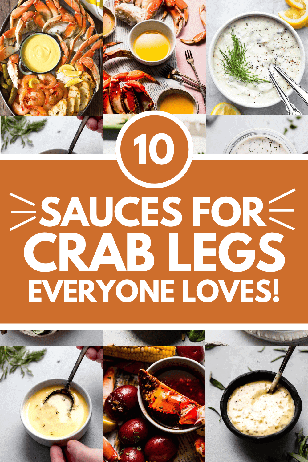 Collage of dipping sauces for crab legs with text overlay.