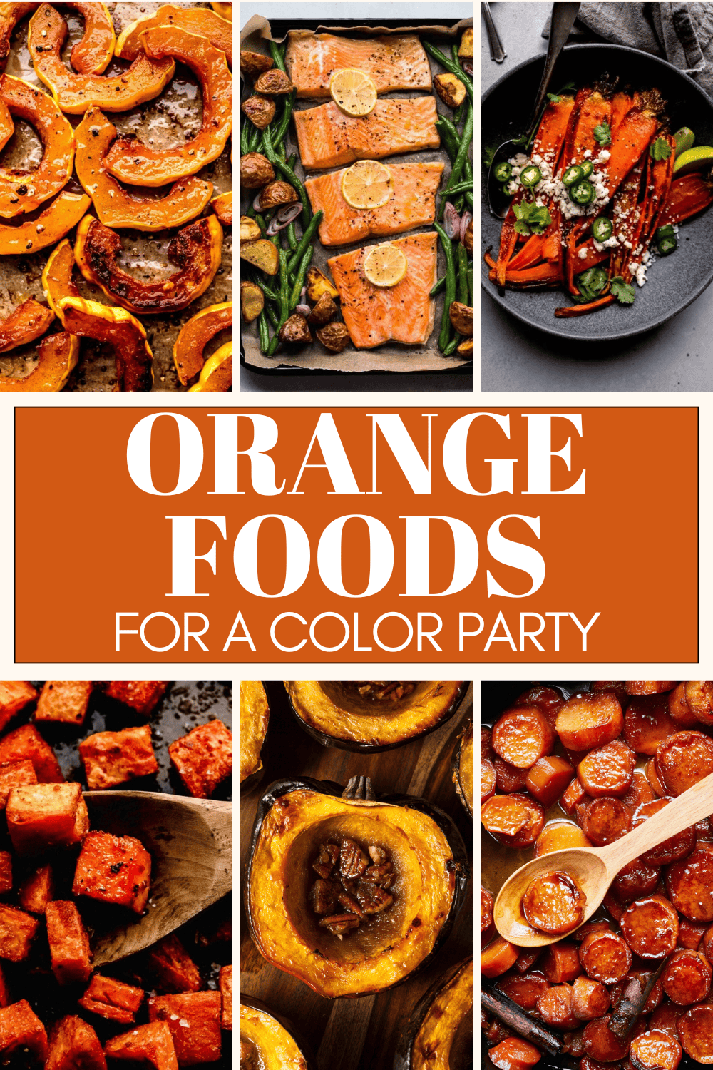 Collage of orange foods with text overlay.