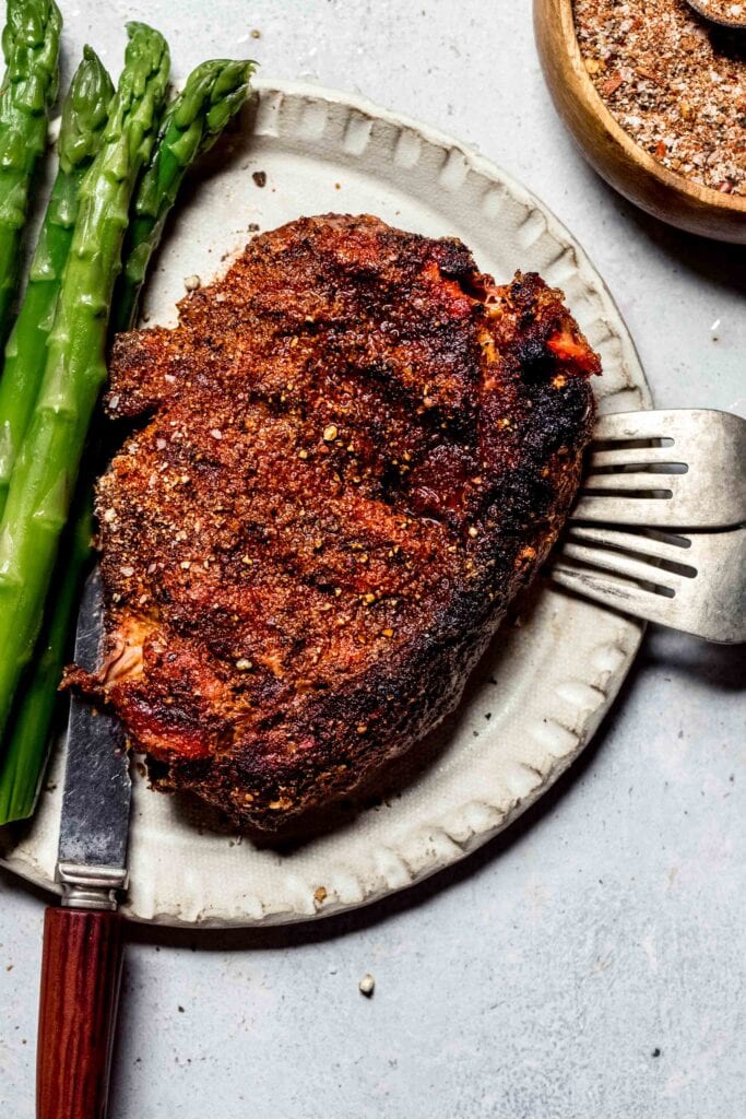 Pellet grill steak on plate.