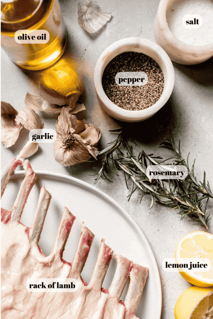 Ingredients for lamb chops labeled on counter.
