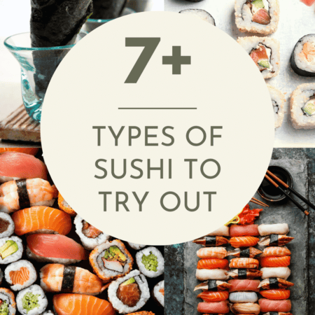 Collage of types of sushi with text overlay.